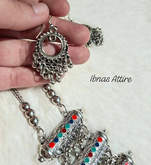 Boho-Chic Oxidized Silver Long Layered Necklace and Earrings Set with Multi-Color Enamel Detailing and Tassels