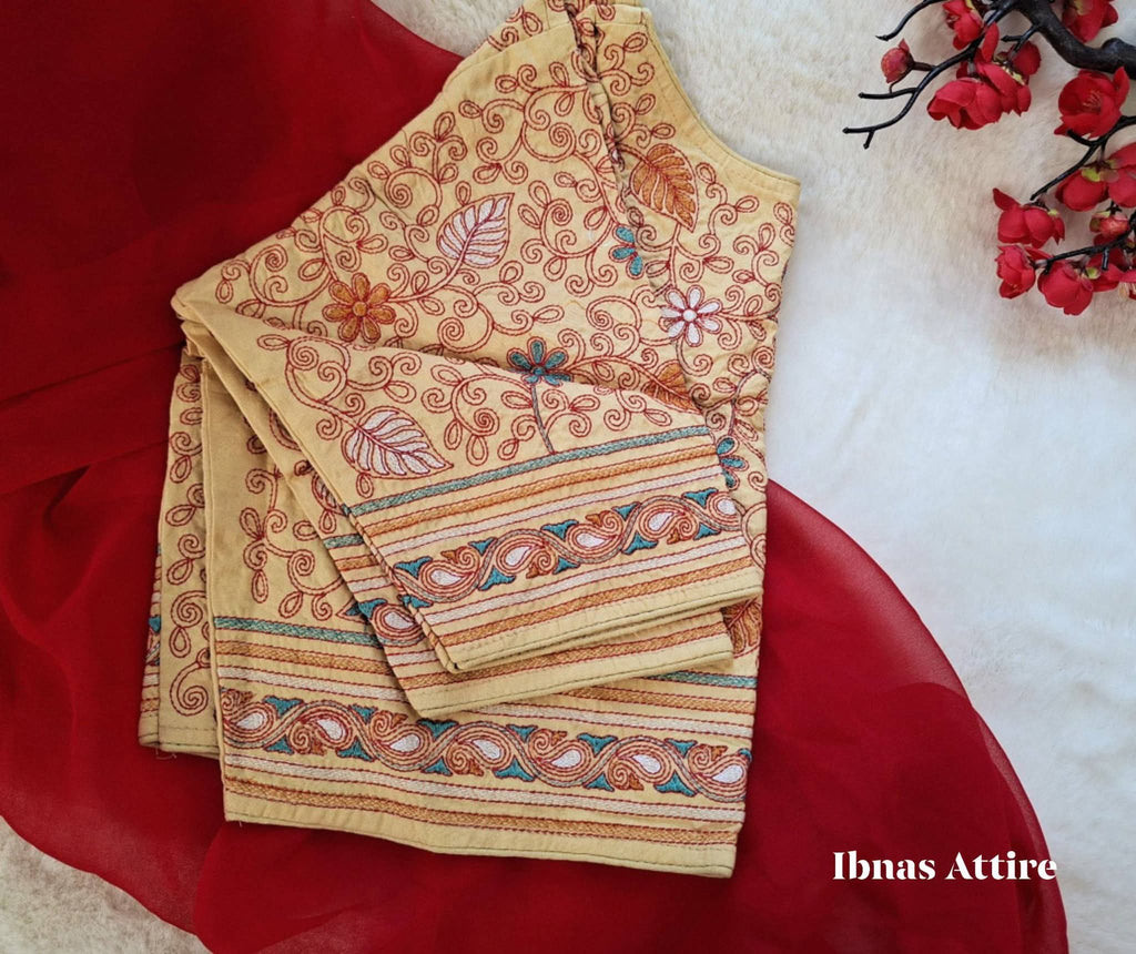 Handcrafted Kantha Stitch Malai Cotton Readymade Blouse | Beige Embroidered Saree Blouse(Size-40) (Free size alteration available from 36 to 42 size)