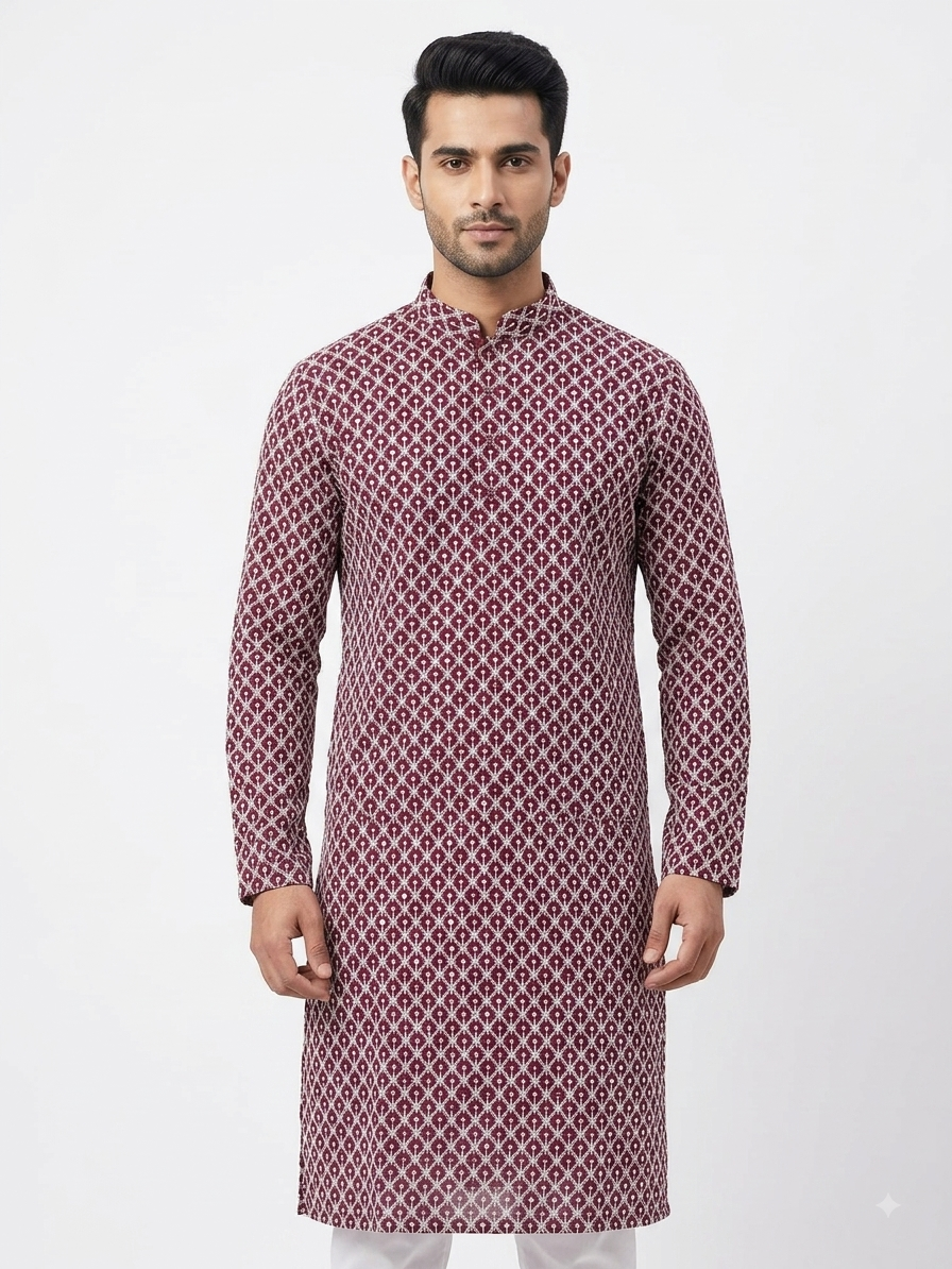 A man modeling a long-sleeved rayon kurta with a maroon and white geometric pattern, standing against a plain light gray background.