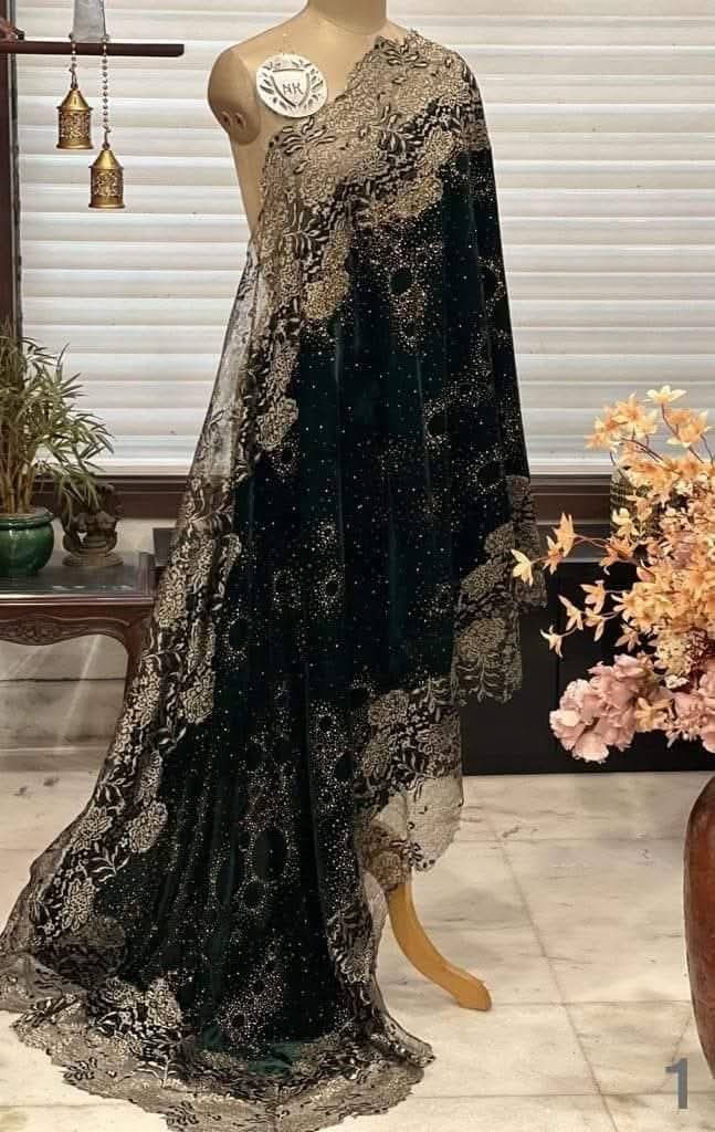 Velvet Dubai lace Shawl- bottle green- sarwaski