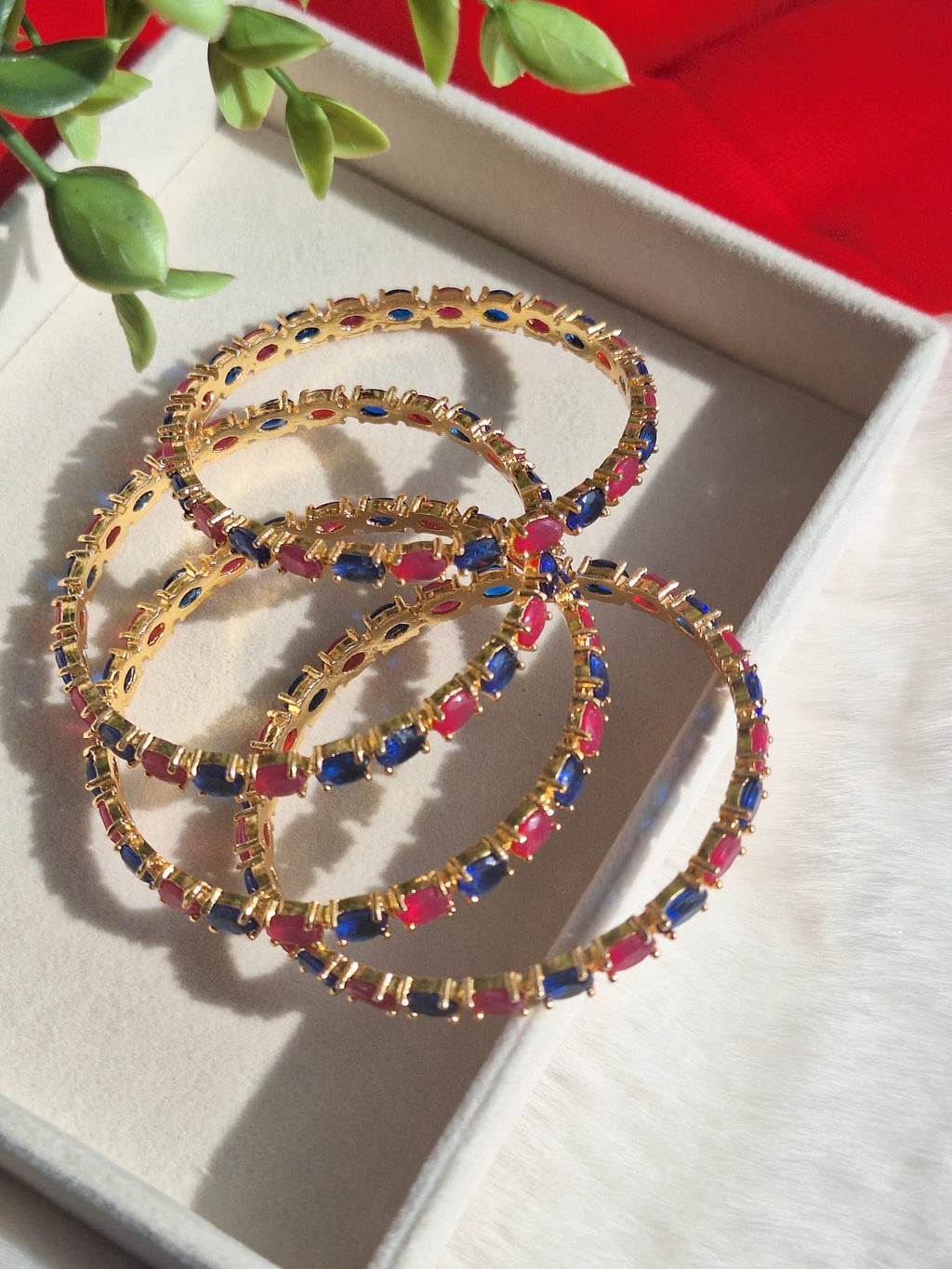 Gold-Plated AD Bangles Set with Multi-Color Ruby and Sapphire Blue Oval Stones-4 Piece- (Size-2.6)