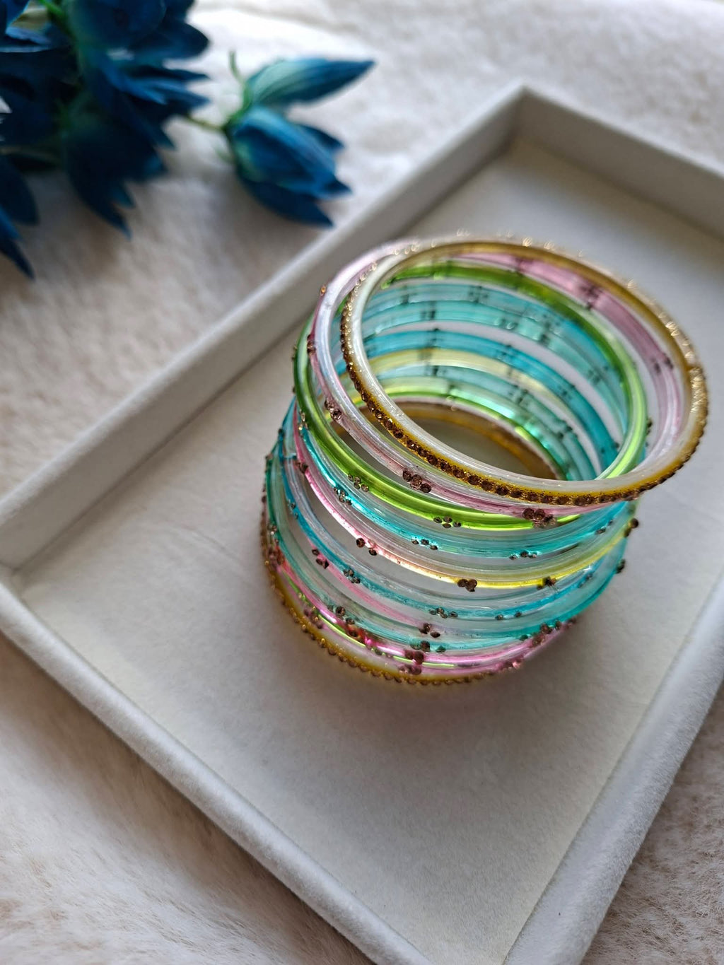 12-Piece Multi-Color Spectrum Glass Bangle Stack with Gold Sequin Accents | Lavender, Aqua, Amber, Sea Green & Pink Glass Churi Set (Size 2.8)