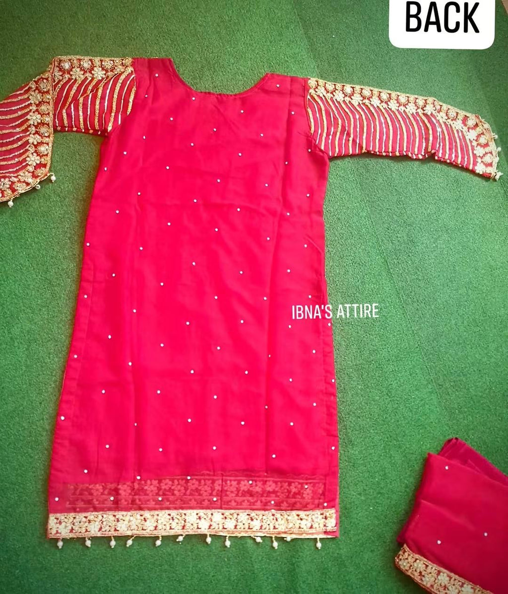 Pakistani Georgette 3-Piece Designer Suit in Magenda with Stone, Zari, Mirror Work, Embroidered Trouser, and Matching Dupatta (Size-44)