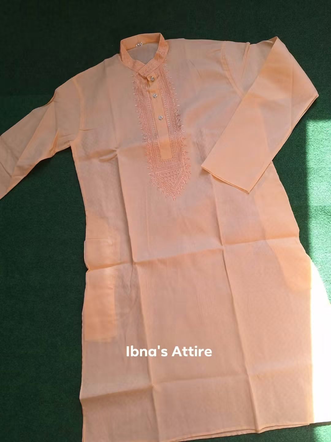 Summer-Friendly 100% Handloom Cotton Panjabi for Men in Light Peach with Self Jacquard Weave and Neckline Embroidery (Size- 40 & 42)