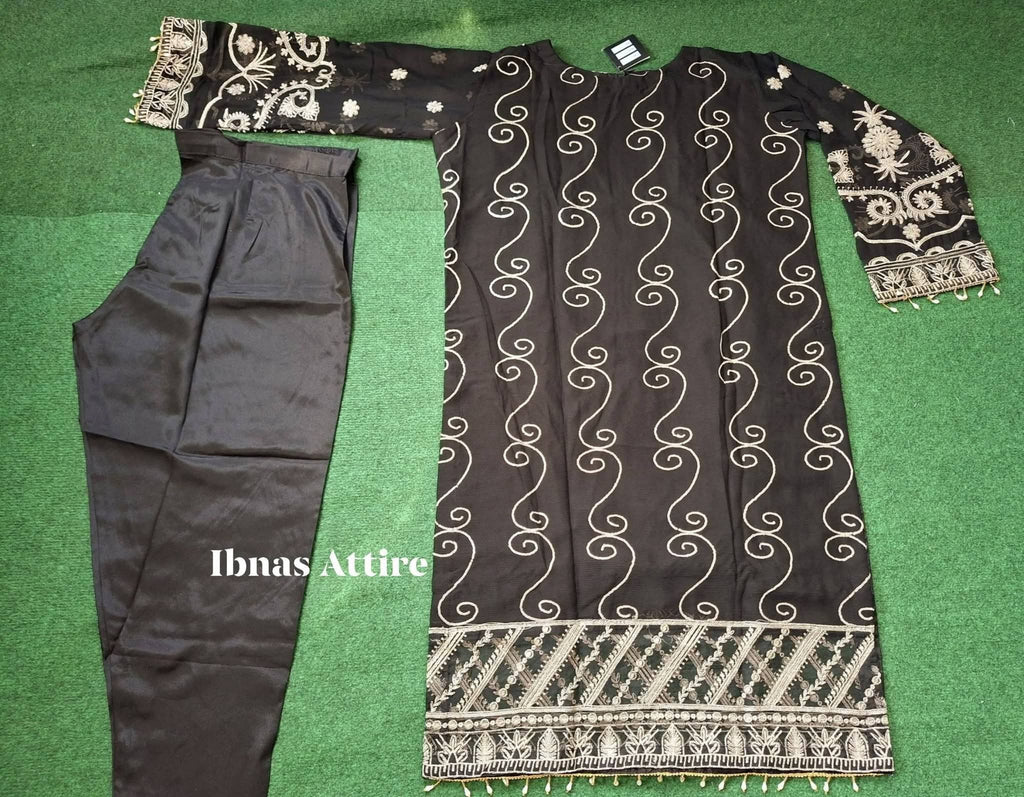 Agha Jaan Designer Black Chiffon Sequins Embroidered 3-Piece Suit | Plus Size Festive Wear (Size- 46)