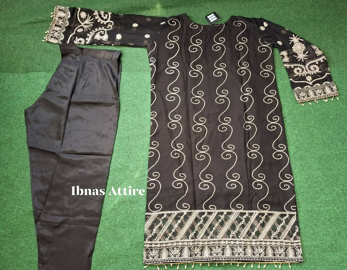 Agha Jaan Designer Black Chiffon Sequins Embroidered 3-Piece Suit | Plus Size Festive Wear (Size- 46)
