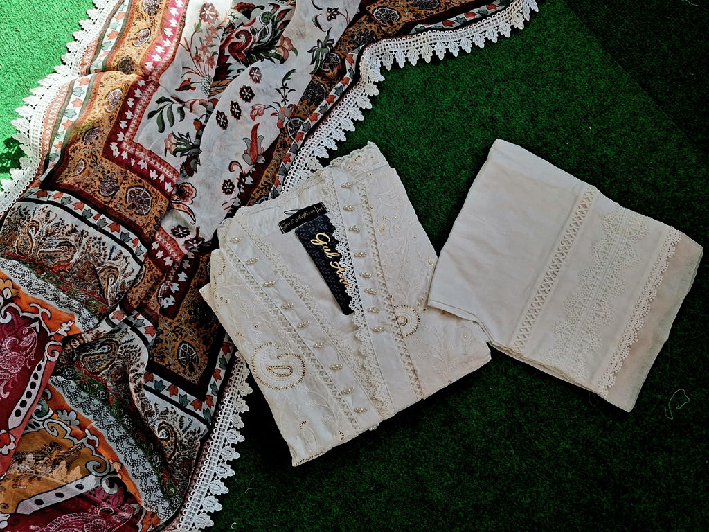Gul Adhar Luxury Chikankari Collection - White Slub Lawn Shirt, Cambric Trouser, and Digital Printed Chiffon Dupatta-(Size: 40 & 50)