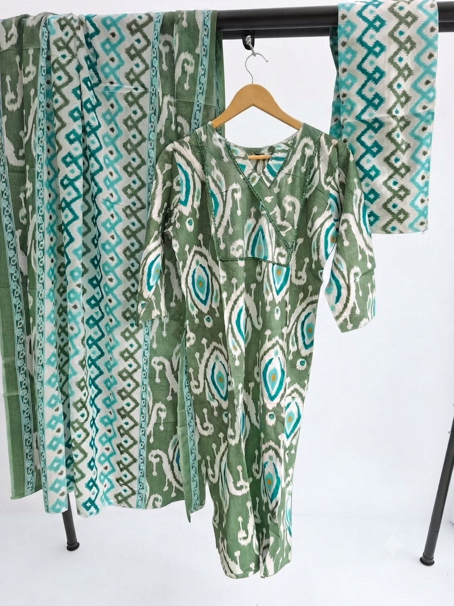 Jaipuri Pure Cotton Ikkat Print Kurti  Set in turquise color with Matching Dupatta & Bottom (size- 42)