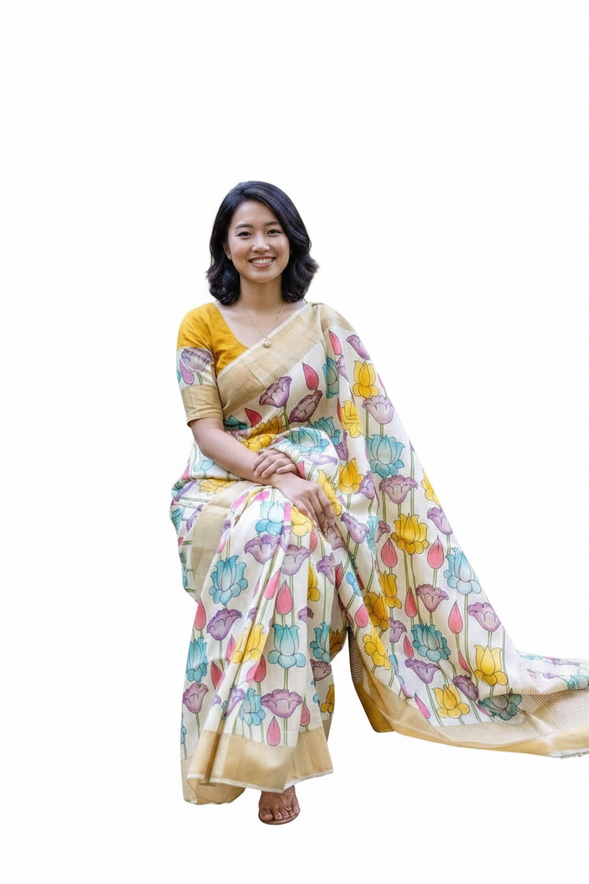 Premium Soft Linen Saree with Digital Floral Print & Contrast Blouse Piece.