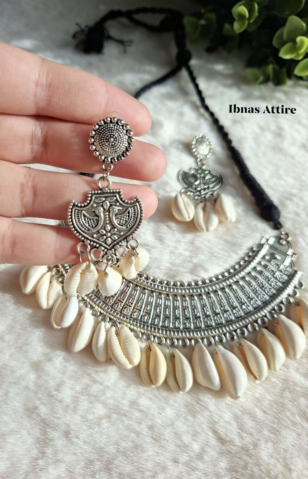 German Silver Tribal Choker Necklace & Earrings Set | Traditional Cowrie Shell Accents with Black Thread Cord