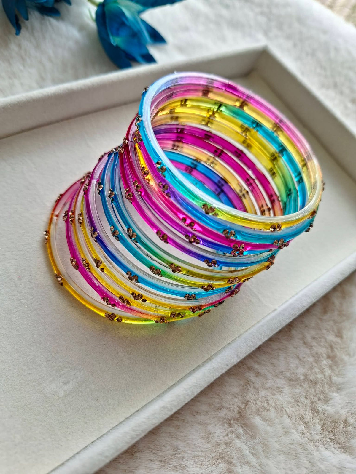 12-Piece Multi-Color Rainbow Glass Bangle Stack with Gold Sequin Accents (Size 2.8) | Vibrant Festival & Eid Glass Churi Set