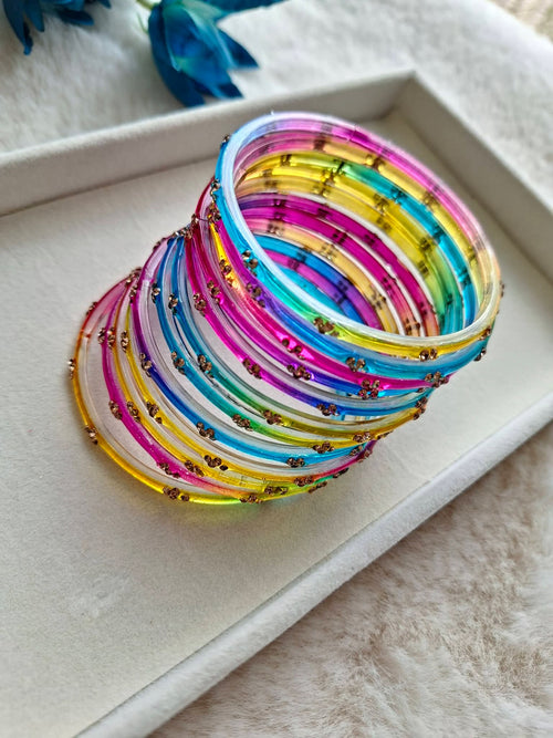 12-Piece Multi-Color Rainbow Glass Bangle Stack with Gold Sequin Accents (Size 2.8) | Vibrant Festival & Eid Glass Churi Set