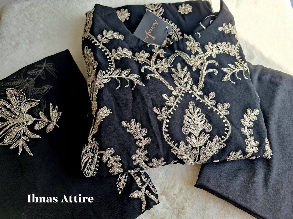 Agha Jaan Designer Black Chiffon Sequins Embroidered 3-Piece Suit | Plus Size Festive Wear (Size- 46)