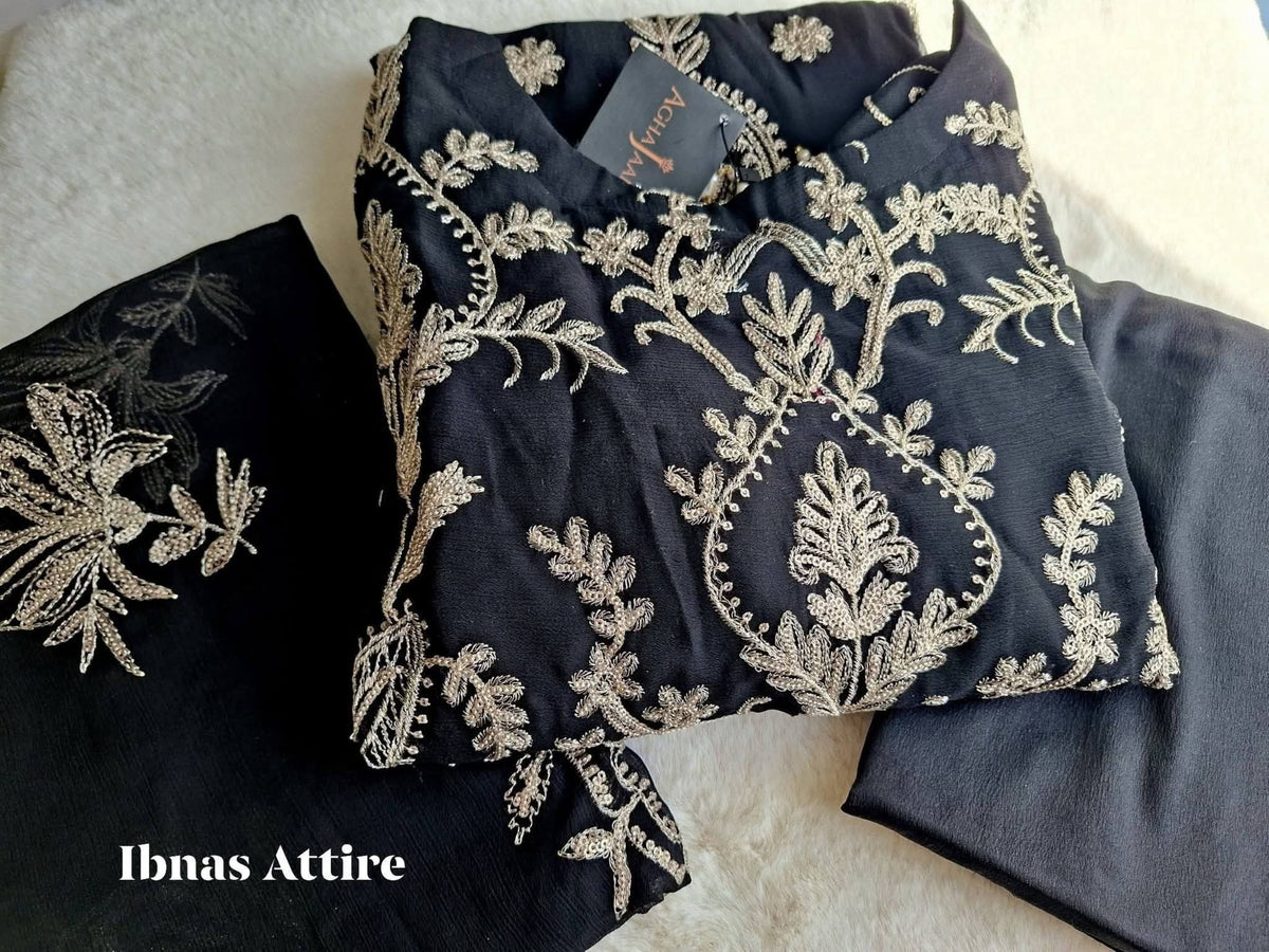 Agha Jaan Designer Black Chiffon Sequins Embroidered 3-Piece Suit | Plus Size Festive Wear (Size- 46)