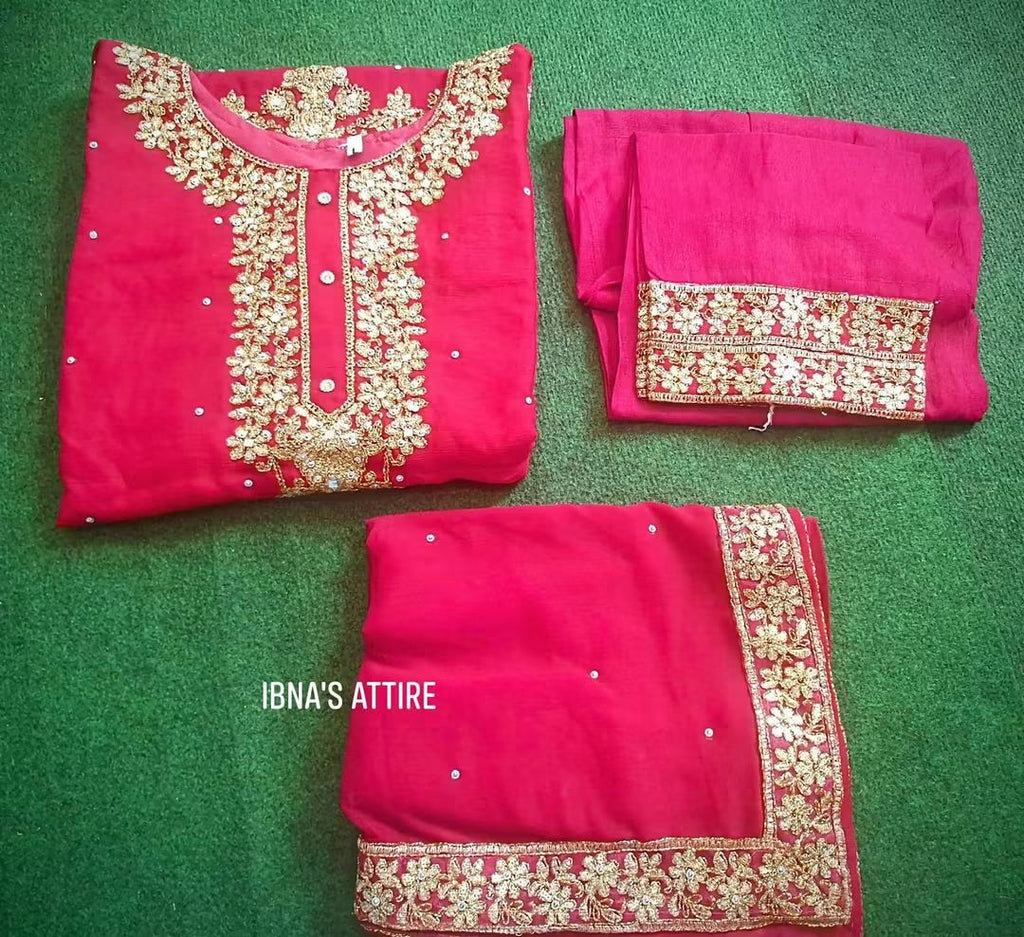 Pakistani Georgette 3-Piece Designer Suit in Magenda with Stone, Zari, Mirror Work, Embroidered Trouser, and Matching Dupatta (Size-44)