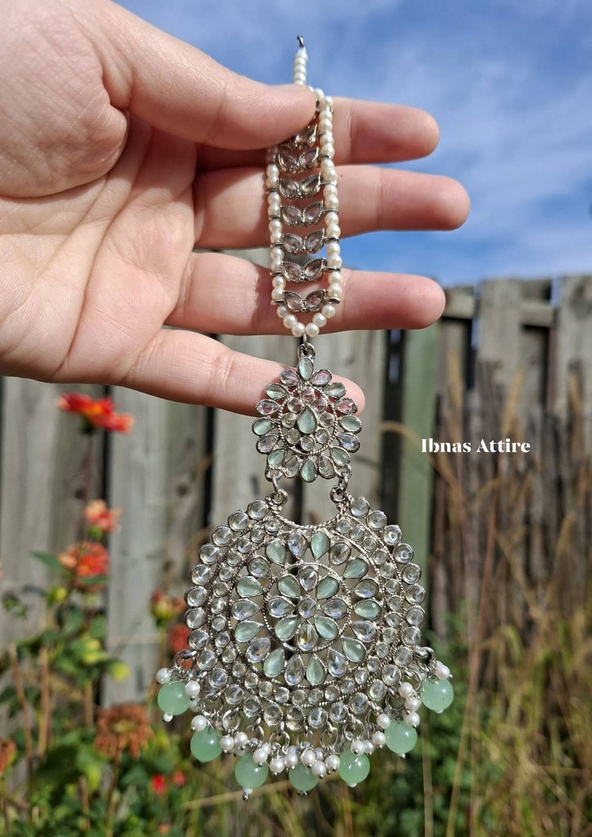 Reverse AD Stone & Mint Green Beaded Jewelry Set | Grand Chandbali Earrings & Maang Tikka