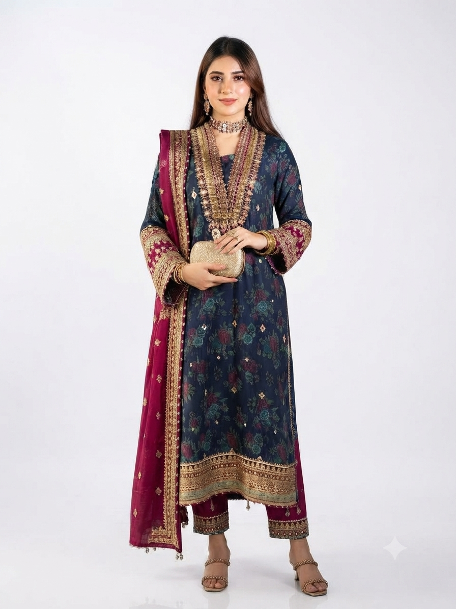 A woman wearing on a Traditional Pakistani Chiffon Festive Kurta Set in Dark Teal color- Heavy neckline embroidery, glittering sequence accents, and traditional gota detailing.Lightweight, airy chiffon base featuring rich floral and botanical digital motifs.Matching silk trousers with lace trims and a fully bordered tassel dupatta for a complete designer appearance.