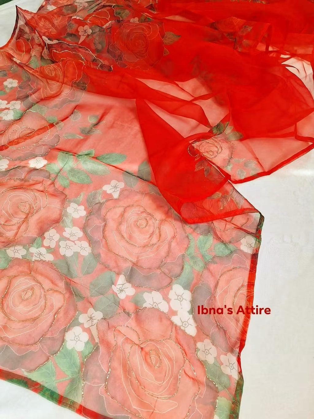 Red Soft Organza Saree | All-Over Floral Print with Kardana Handwork & Bangalory Silk Blouse Piece