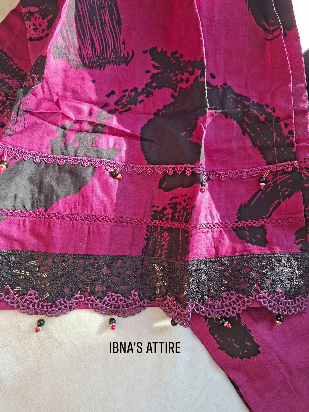 Pure Pakistani Lawn 3-Piece Suit | Magenta & Black Printed Designer Festive Wear (Size-42)