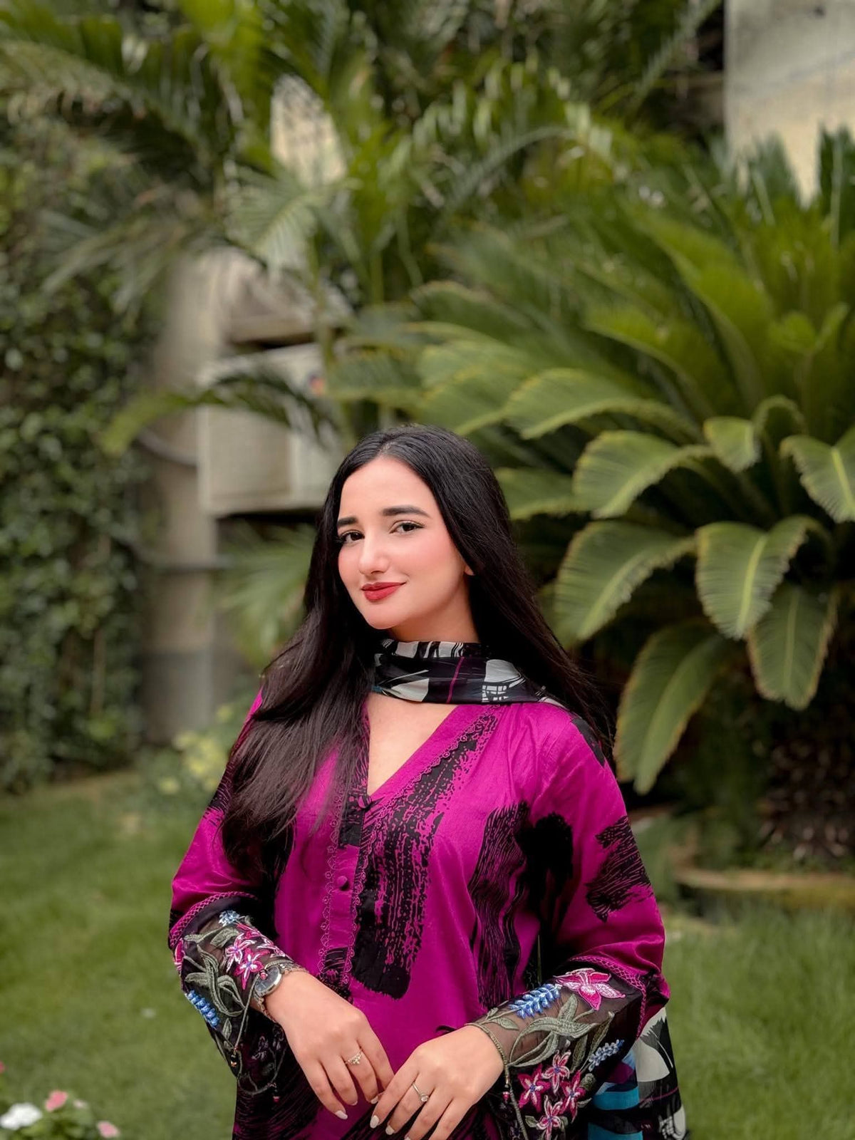 Pure Pakistani Lawn 3-Piece Suit | Magenta & Black Printed Designer Festive Wear (Size-42)