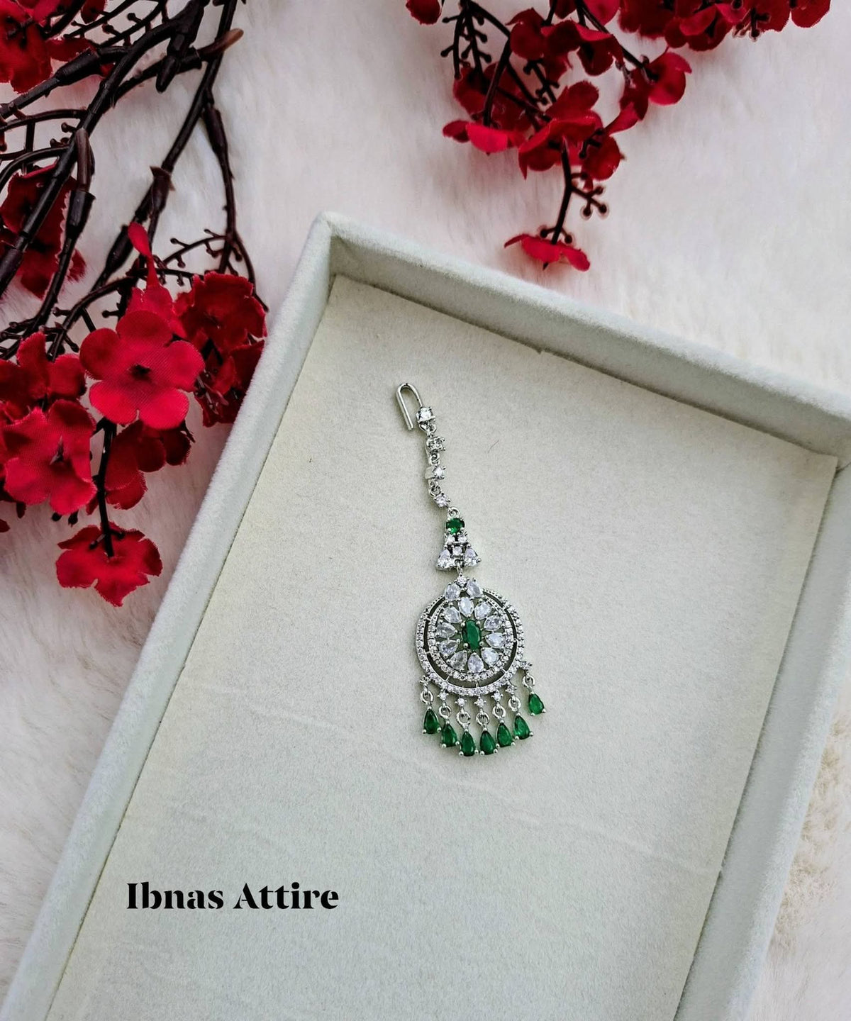 American Diamond Maang Tikka with Emerald Green Accents | Silver Finish Designer Headpiece