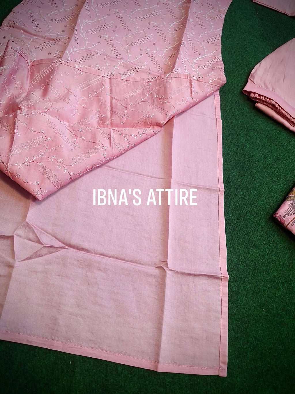 Roman Silk Chikan Kari Sequence Work 3-Piece Suit | Elegant Pink Designer Ensemble (size-38)