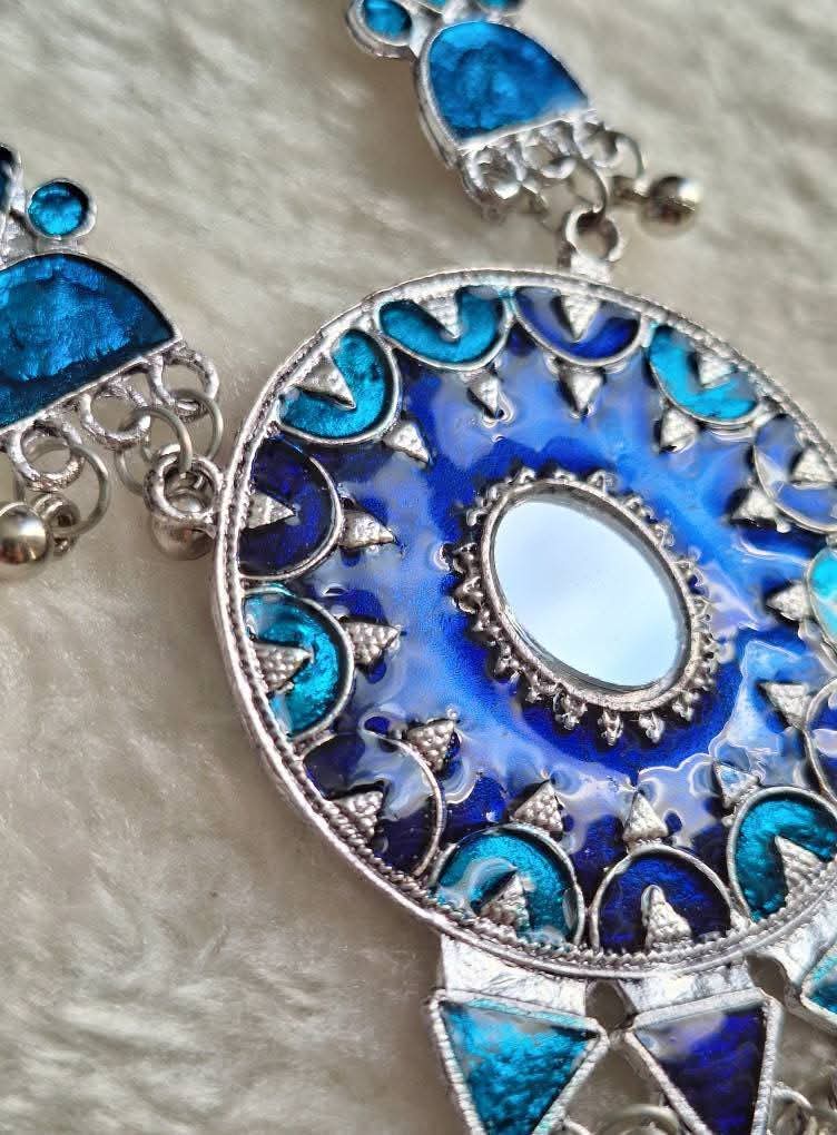 Oxidized Silver Statement Necklace Set with Blue Enamel & Mirror Work | Tribal Boho Jewelry with Earrings