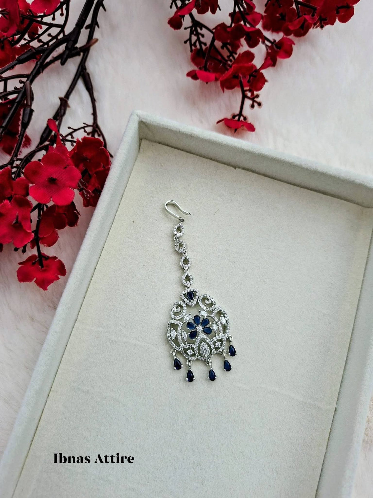 American Diamond Maang Tikka with Royal Blue Accents | Silver Finish Designer Headpiece