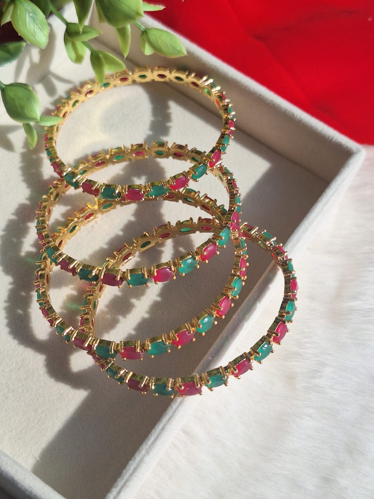Gold-Plated AD Bangles Set with Multi-Color Ruby and Emerald Oval Stones-4piece- (Size- 2.6)