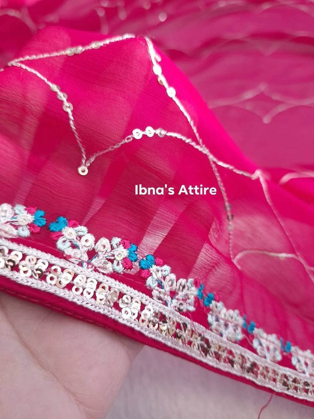 Aghanoor Chiffon 3-Piece Suit | Magenta Handwork Top & Embroidered Silk Trousers (Size-42)