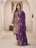 Stitched 3-piece Gull Jee purple digital printed lawn suit with lace work and voil dupatta."