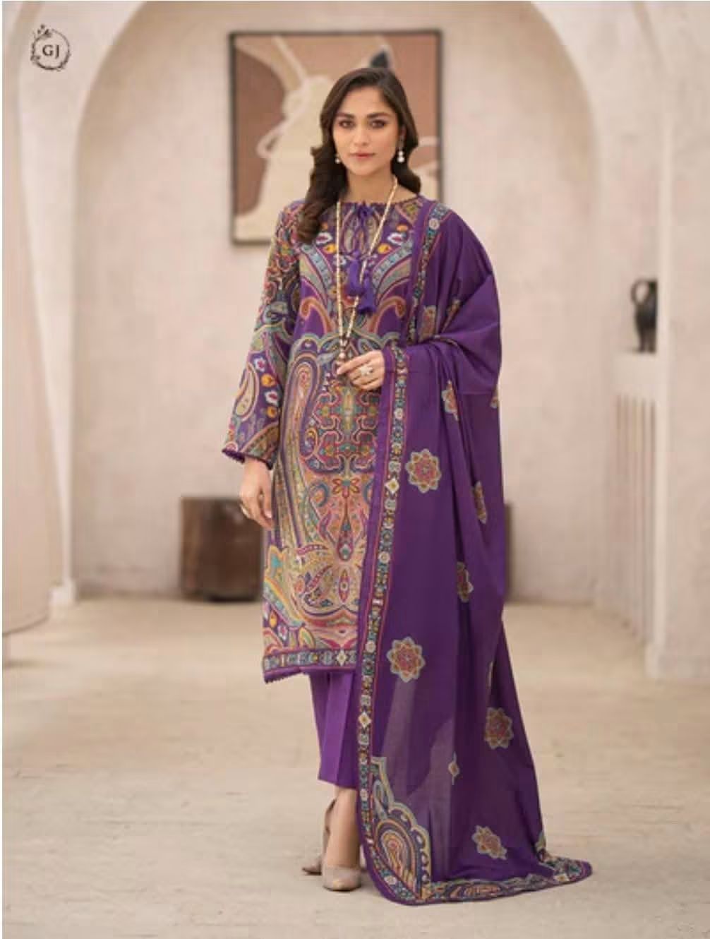 Stitched 3-piece Gull Jee purple digital printed lawn suit with lace work and voil dupatta."