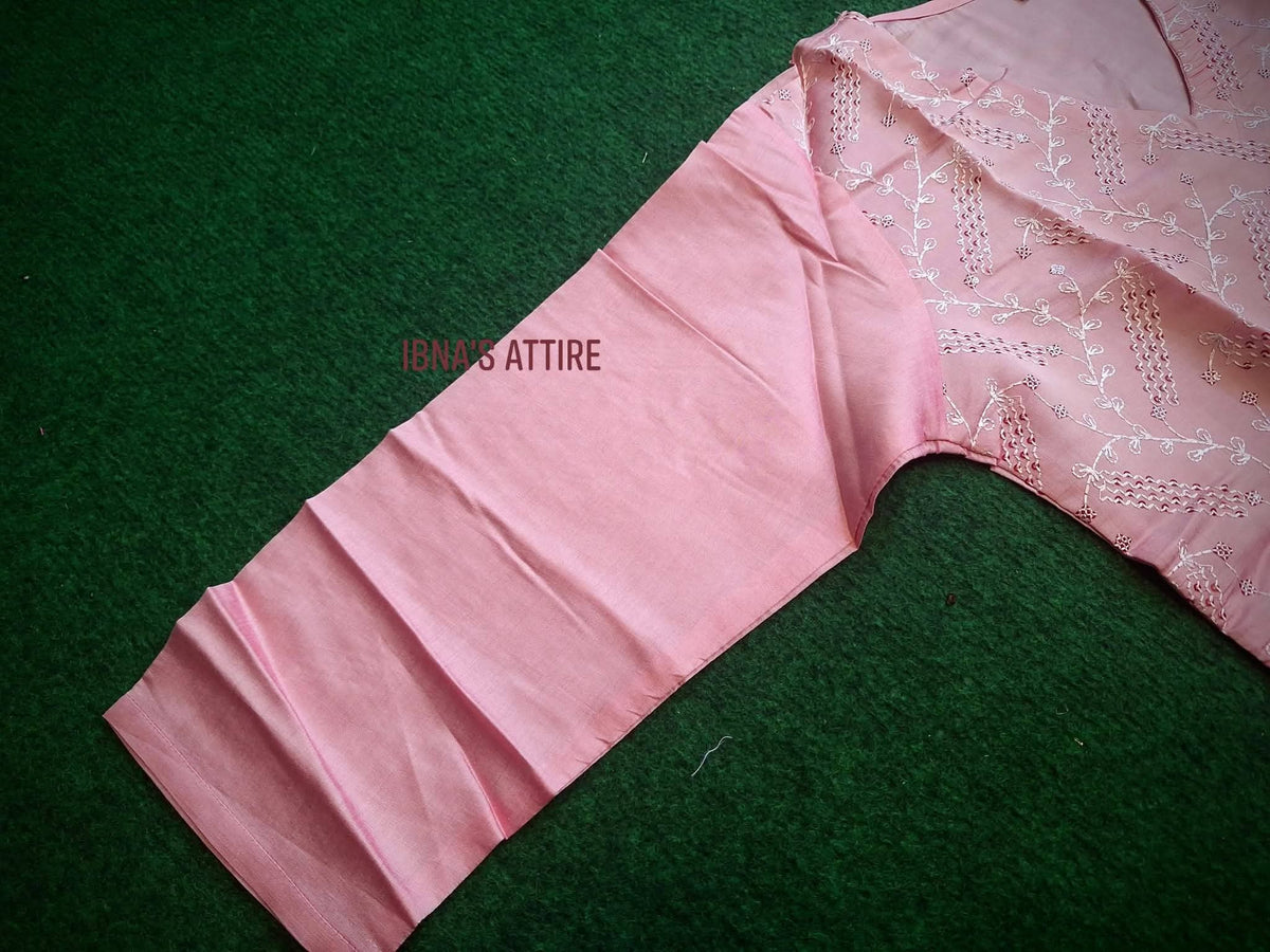 Roman Silk Chikan Kari Sequence Work 3-Piece Suit | Elegant Pink Designer Ensemble (size-38)