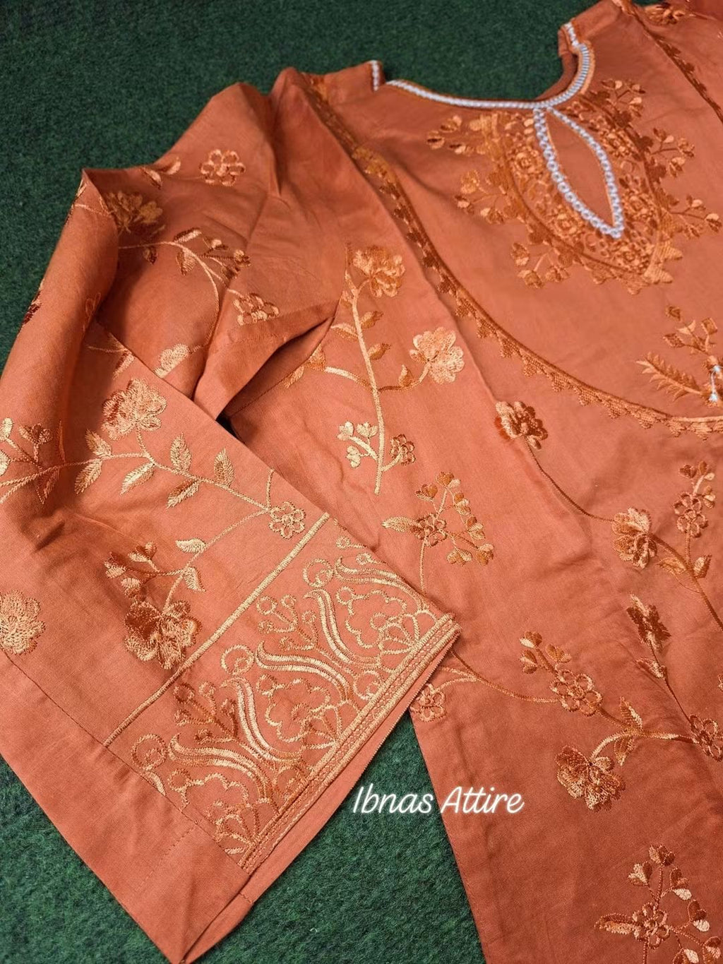 3-Piece Pakistani Lawn Suit in Rust Orange with Front Embroidery, Plain Lawn Pant, and Floral Embroidered Georgette Dupatta (Size- 42)