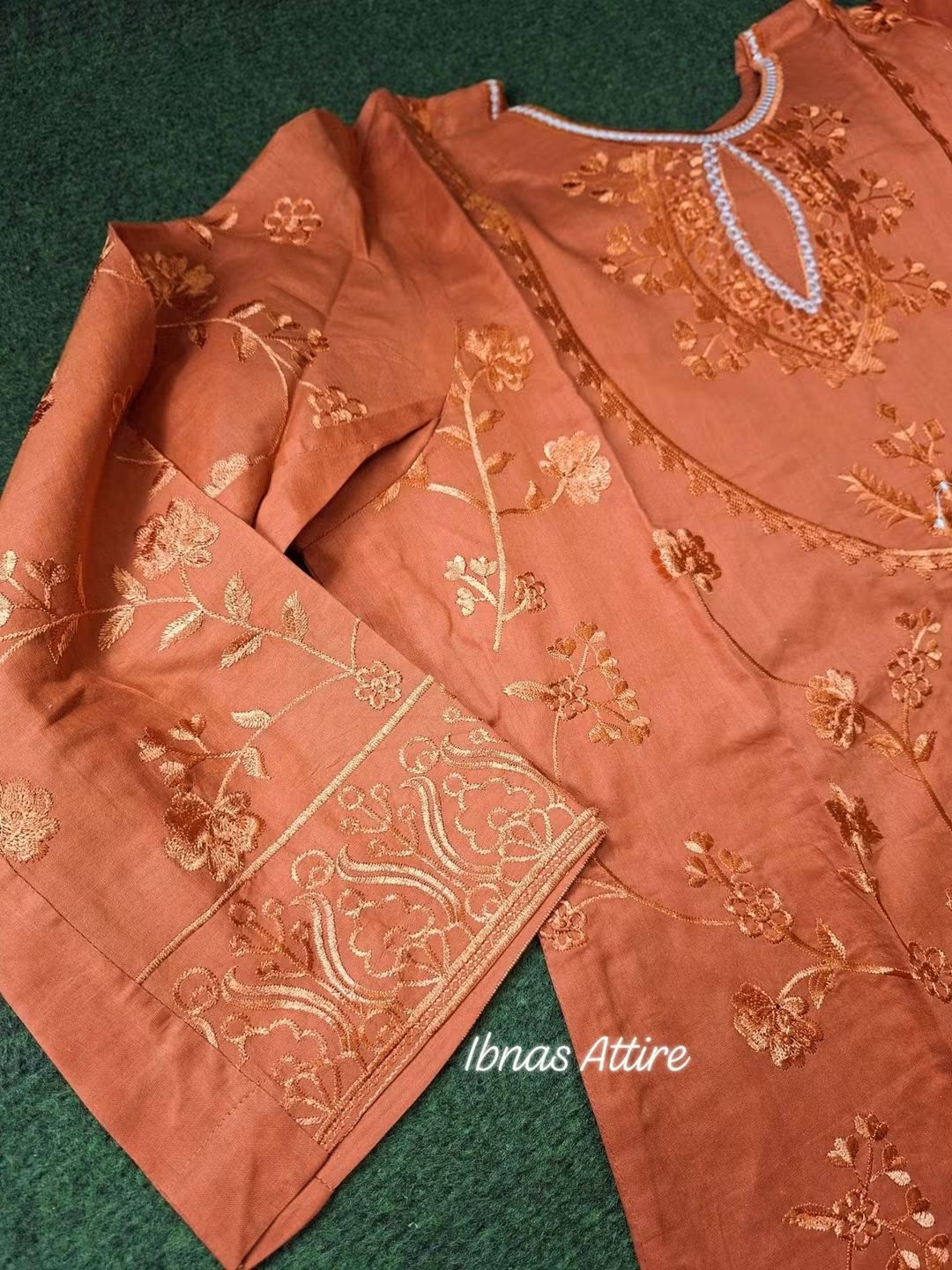 3-Piece Pakistani Lawn Suit in Rust Orange with Front Embroidery, Plain Lawn Pant, and Floral Embroidered Georgette Dupatta (Size- 42)