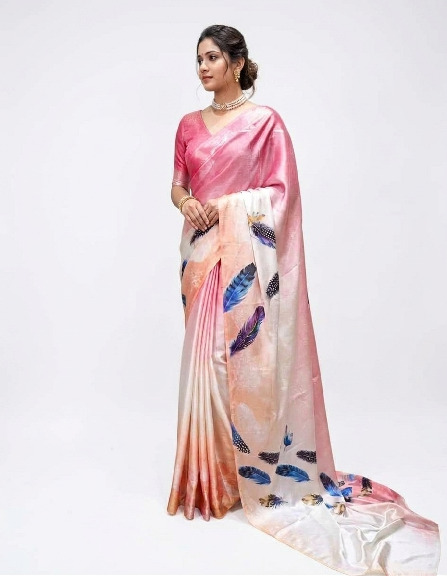 A woman modeling a pink and peach japan satin silk saree with blue and purple feather prints, paired with a solid pink blouse, against a plain white studio background.