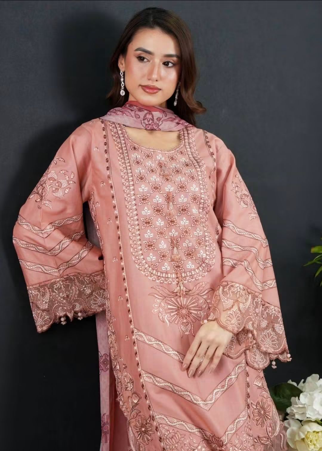 Ayesha B Pakistani Cotton Embroidered 3-Piece Suit- Dusty Rose-Designer Kurti Set with Matching Dupatta (Size-38)