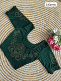 Stretchable Lycra Saree Blouses with Original Sirojki Work and Frill Sleeves in Green - (Free Size: 36,38,40)
