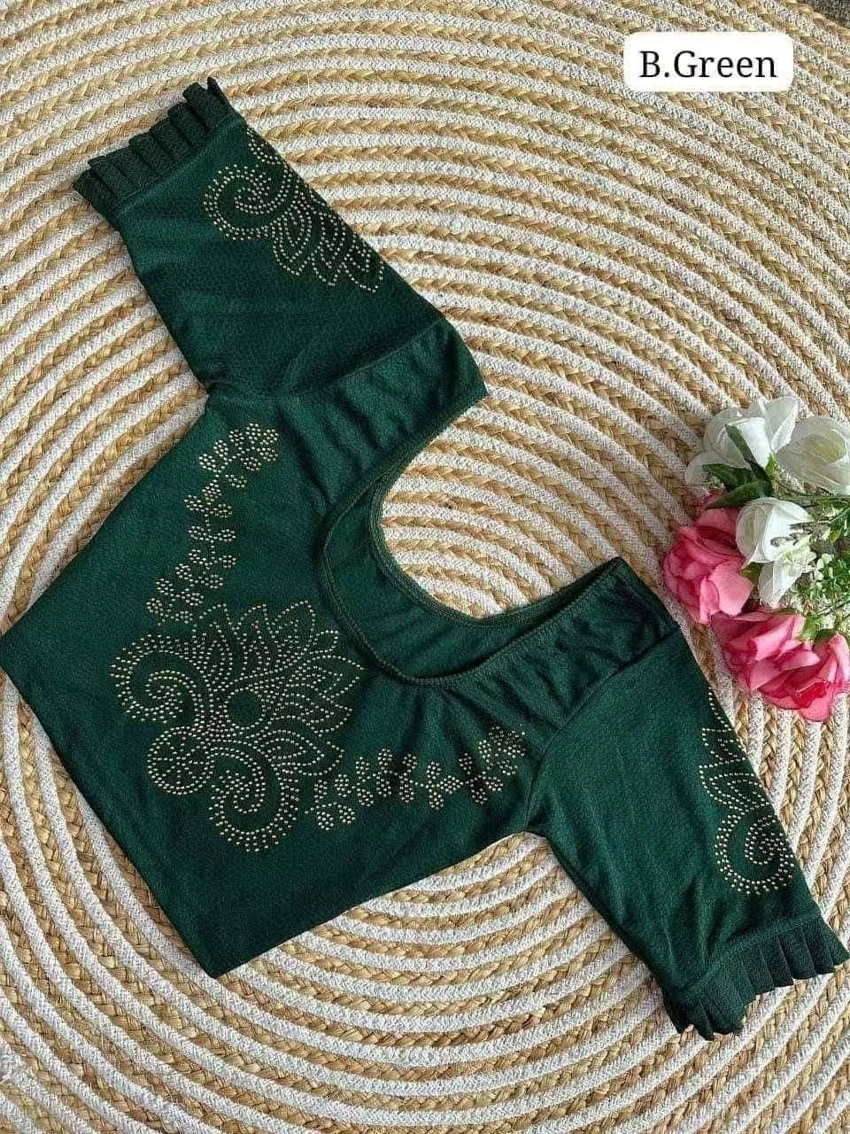 Stretchable Lycra Saree Blouses with Original Sirojki Work and Frill Sleeves in Green - (Free Size: 36,38,40)