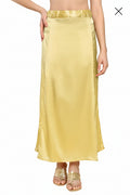 Featuring a model wearing on a lemon yello color ultra satin silk shape wear/ peticoat/ inskirt on a white background 