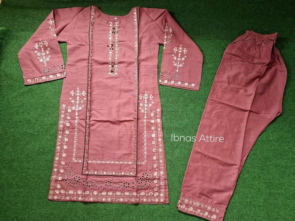 Pakistani Self Cotton 2-Piece Kurta Set | Mauve Festive Suit with 9MM Sequin Embroidery & Tassels (Size- 38)