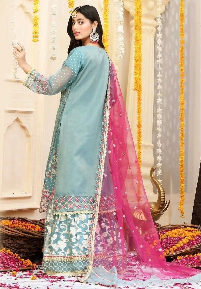 Zahar Rubab Designer Pakistani Eid Outfit | Acqua Blue- Masoor Kurta with Net Dupatta & Banarasi Gharara (Size-42)