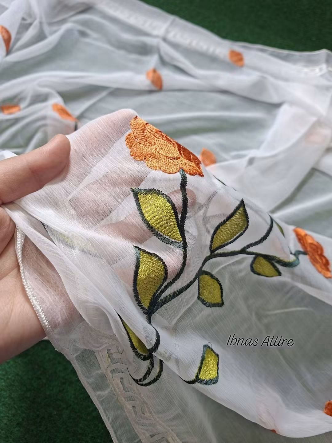 3-Piece Pakistani Lawn Suit in Rust Orange with Front Embroidery, Plain Lawn Pant, and Floral Embroidered Georgette Dupatta (Size- 42)