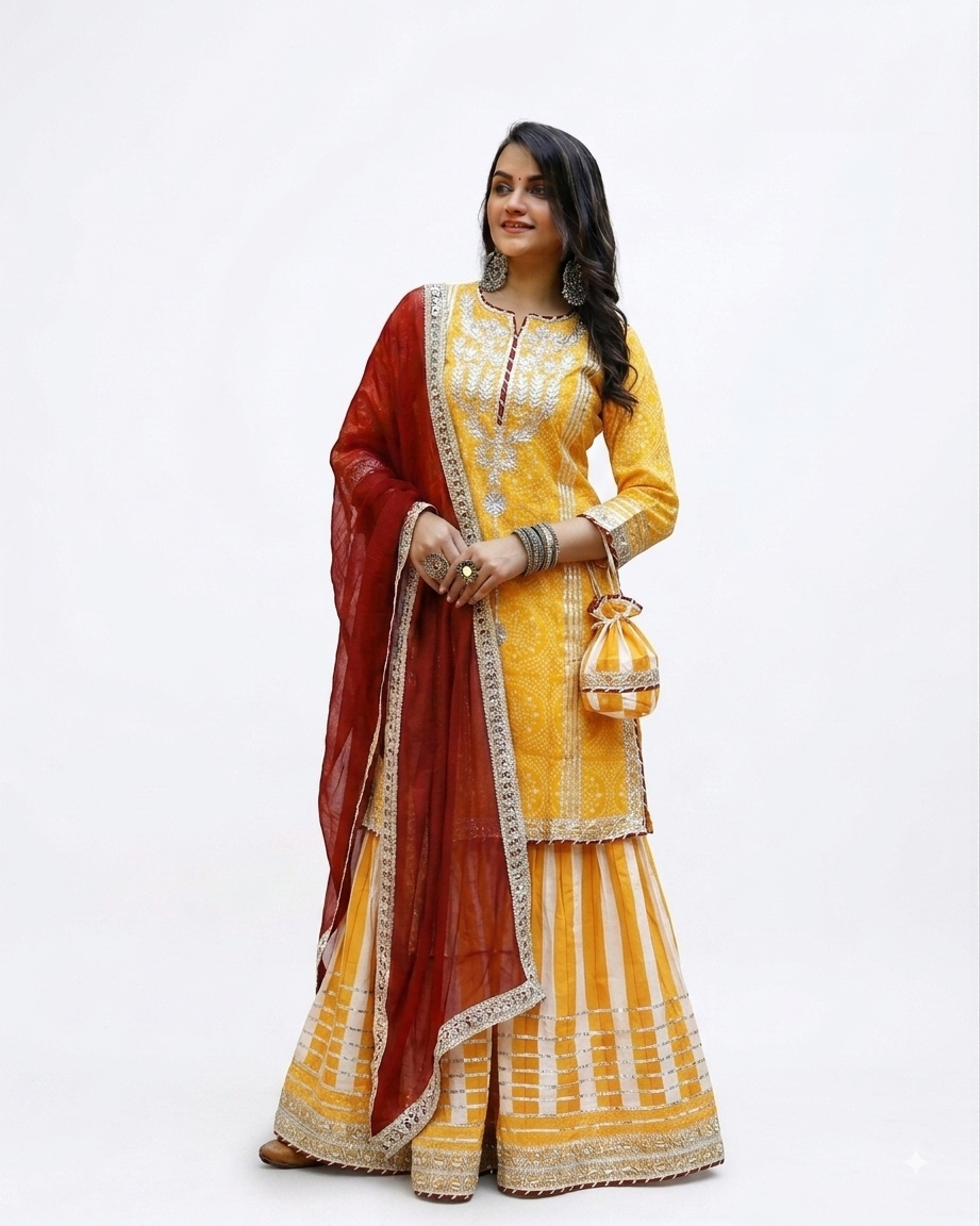 A woman modeling a traditional Indian outfit consisting of a yellow embroidered rayon kurta and flared skirt with a deep red dupatta, set against a plain white studio background.