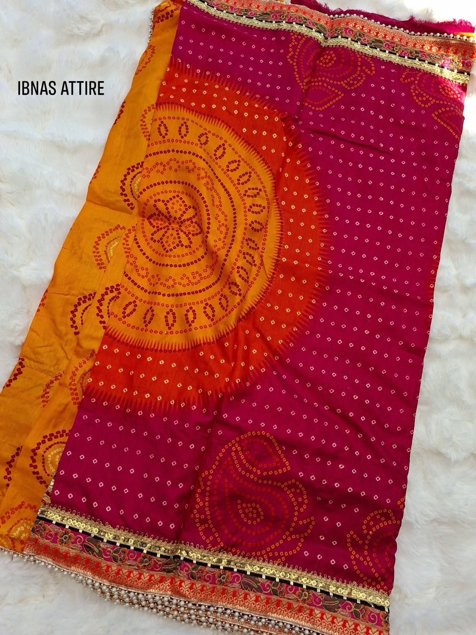 Heavy Dolla Silk Bandhej Print Saree with Gota-Patti Work- saree with blouse piece.