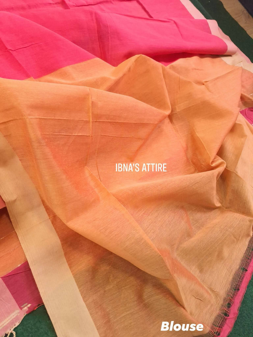 Pure Khaddi Cotton Handloom Saree | Dual-Tone Coral Pink & Ochre Yellow Handwoven Saree with Contrast Blouse Piece