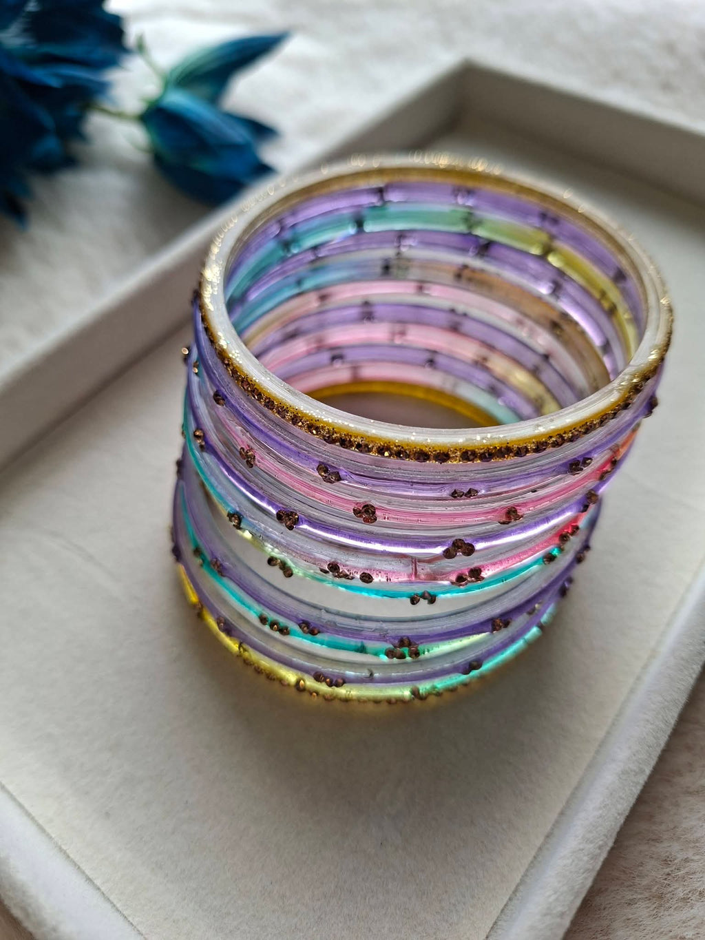 12-Piece Multi-Color Pastel Glass Bangle Stack with Gold Sequin Accents  | Lavender, Yellow, Peach & Mint Glass Churi Set (Size 2.8)