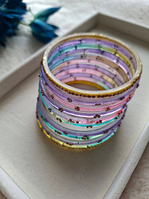 12-Piece Multi-Color Pastel Glass Bangle Stack with Gold Sequin Accents  | Lavender, Yellow, Peach & Mint Glass Churi Set (Size 2.8)