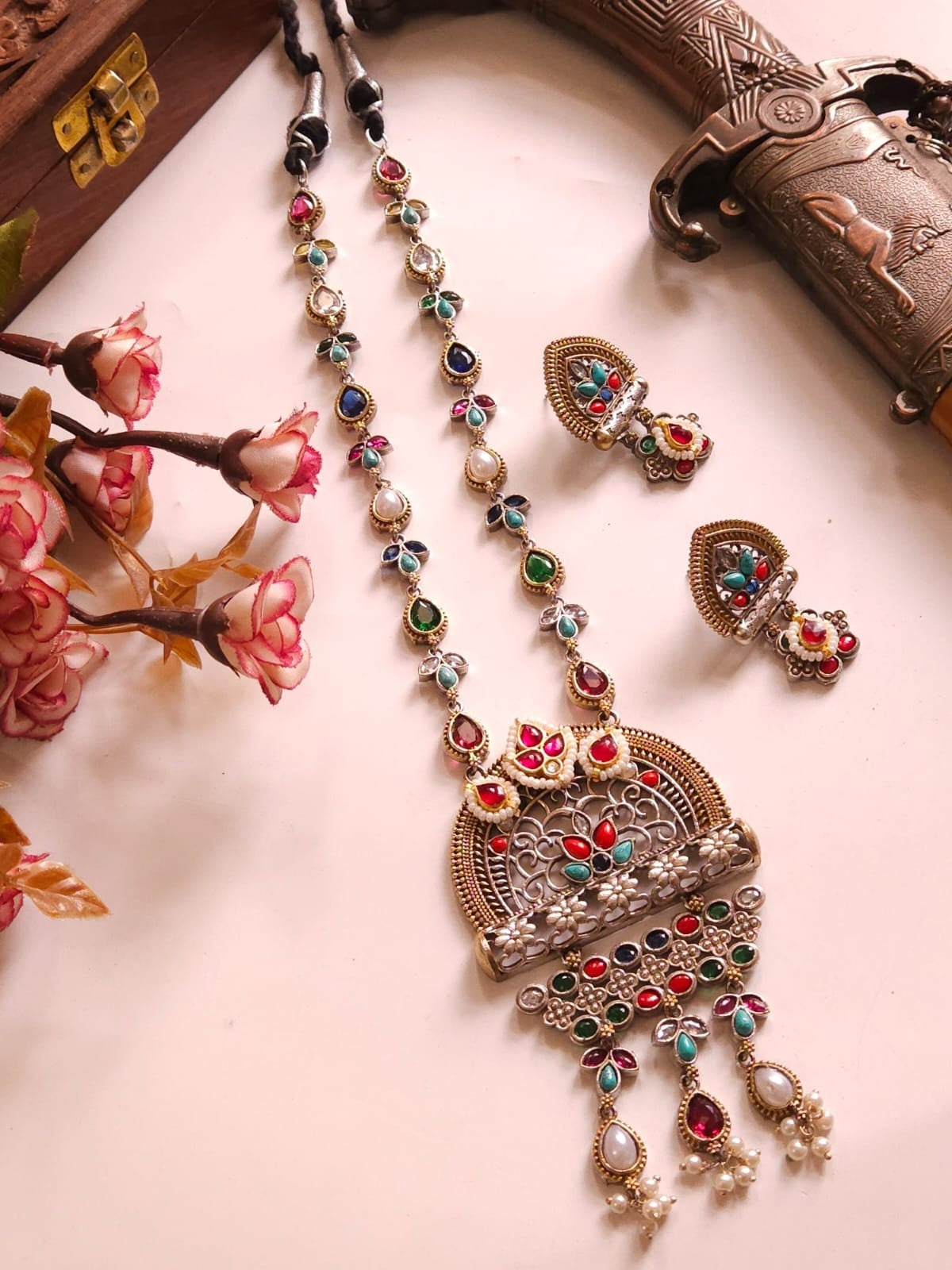German Silver Jewelry Set featuring intricate cutwork, layered drops, and dangling pearl accents.