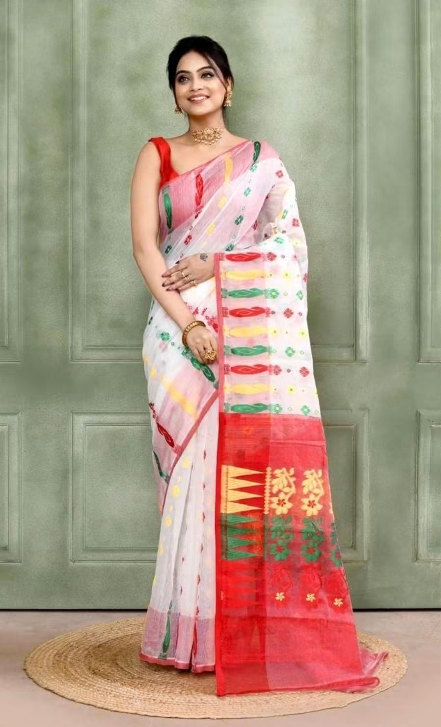 A woman models a white and red Dhakai Jamdani saree with green and yellow patterns, standing against a textured green paneled wall. A classic light background contrasted by colorful woven floral and paisley patterns.